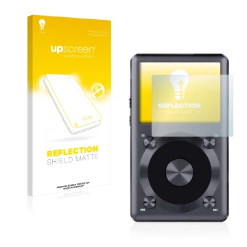 Parte frontale di una confezione del prodotto con il logo del marchio upscreen. Accanto è raffigurato il dispositivo FiiO X3 I