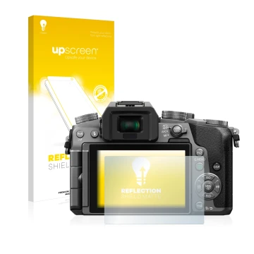 Parte frontale di una confezione del prodotto con il logo del marchio upscreen. Accanto è raffigurato il dispositivo Panasonic