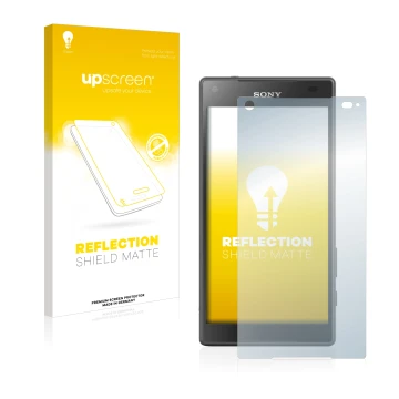 Parte frontale di una confezione del prodotto con il logo del marchio upscreen. Accanto è raffigurato il dispositivo Sony Xper