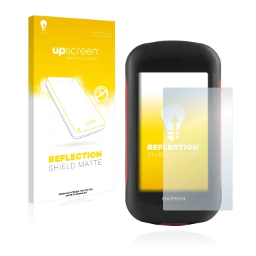 Parte frontale di una confezione del prodotto con il logo del marchio upscreen. Accanto è raffigurato il dispositivo Garmin Mo