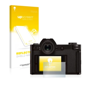 Parte frontale di una confezione del prodotto con il logo del marchio upscreen. Accanto è raffigurato il dispositivo Leica SL 