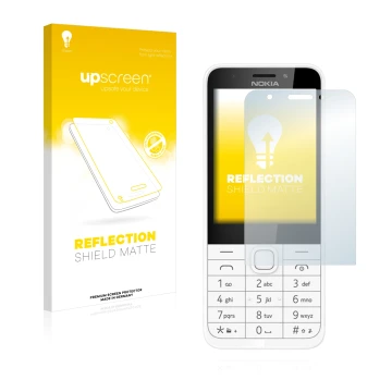 Parte frontale di una confezione del prodotto con il logo del marchio upscreen. Accanto è raffigurato il dispositivo Nokia 230