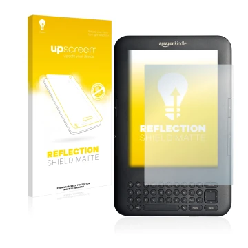 Parte frontale di una confezione del prodotto con il logo del marchio upscreen. Accanto è raffigurato il dispositivo Amazon Ki