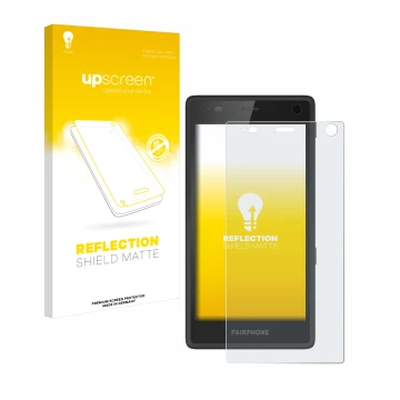 Parte frontale di una confezione del prodotto con il logo del marchio upscreen. Accanto è raffigurato il dispositivo Fairphone