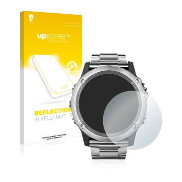 Parte frontale di una confezione del prodotto con il logo del marchio upscreen. Accanto è raffigurato il dispositivo Garmin Fe