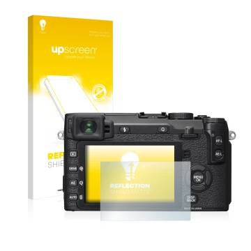 Parte frontale di una confezione del prodotto con il logo del marchio upscreen. Accanto è raffigurato il dispositivo Fujifilm 