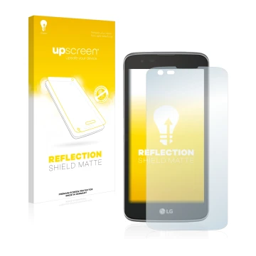 Parte frontale di una confezione del prodotto con il logo del marchio upscreen. Accanto è raffigurato il dispositivo LG Tribut