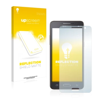 Parte frontale di una confezione del prodotto con il logo del marchio upscreen. Accanto è raffigurato il dispositivo Samsung G