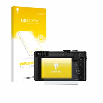 Parte frontale di una confezione del prodotto con il logo del marchio upscreen. Accanto è raffigurato il dispositivo Panasonic