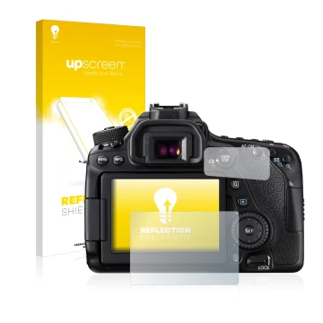 Parte frontale di una confezione del prodotto con il logo del marchio upscreen. Accanto è raffigurato il dispositivo Canon EOS