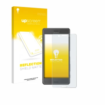 Parte frontale di una confezione del prodotto con il logo del marchio upscreen. Accanto è raffigurato il dispositivo Sony Xper