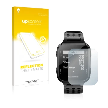 Parte frontale di una confezione del prodotto con il logo del marchio upscreen. Accanto è raffigurato il dispositivo Garmin Ap