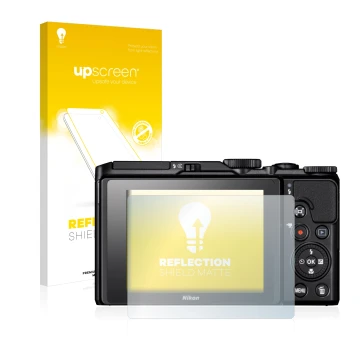 Parte frontale di una confezione del prodotto con il logo del marchio upscreen. Accanto è raffigurato il dispositivo Nikon Coo