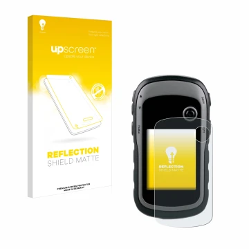 Parte frontale di una confezione del prodotto con il logo del marchio upscreen. Accanto è raffigurato il dispositivo Garmin eT