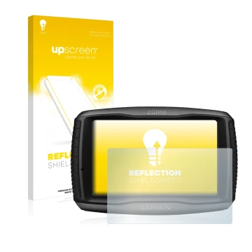 Parte frontale di una confezione del prodotto con il logo del marchio upscreen. Accanto è raffigurato il dispositivo Garmin zu