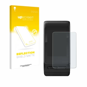 Parte frontale di una confezione del prodotto con il logo del marchio upscreen. Accanto è raffigurato il dispositivo Garmin vi
