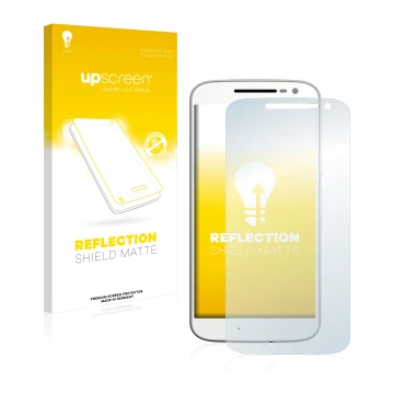 Parte frontale di una confezione del prodotto con il logo del marchio upscreen. Accanto è raffigurato il dispositivo Motorola 