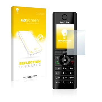 Parte frontale di una confezione del prodotto con il logo del marchio upscreen. Accanto è raffigurato il dispositivo AVM Fritz