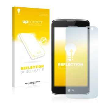 Parte frontale di una confezione del prodotto con il logo del marchio upscreen. Accanto è raffigurato il dispositivo LG K7 (so