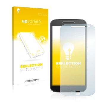 Parte frontale di una confezione del prodotto con il logo del marchio upscreen. Accanto è raffigurato il dispositivo Motorola 