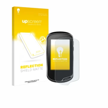 Parte frontale di una confezione del prodotto con il logo del marchio upscreen. Accanto è raffigurato il dispositivo Garmin Or