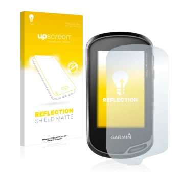 Parte frontale di una confezione del prodotto con il logo del marchio upscreen. Accanto è raffigurato il dispositivo Garmin Or