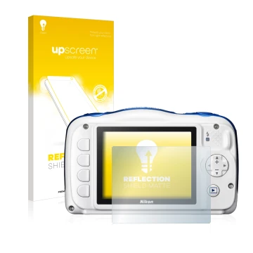 Parte frontale di una confezione del prodotto con il logo del marchio upscreen. Accanto è raffigurato il dispositivo Nikon Coo