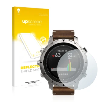 Parte frontale di una confezione del prodotto con il logo del marchio upscreen. Accanto è raffigurato il dispositivo Garmin Fe