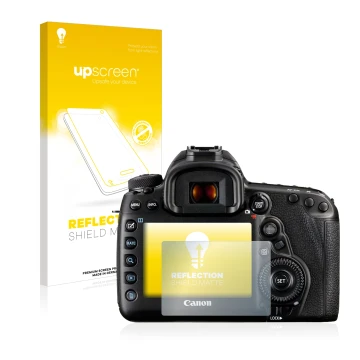 Parte frontale di una confezione del prodotto con il logo del marchio upscreen. Accanto è raffigurato il dispositivo Canon EOS