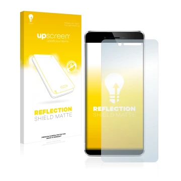 Parte frontale di una confezione del prodotto con il logo del marchio upscreen. Accanto è raffigurato il dispositivo Vernee Ma