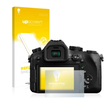 Parte frontale di una confezione del prodotto con il logo del marchio upscreen. Accanto è raffigurato il dispositivo Panasonic