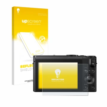 Parte frontale di una confezione del prodotto con il logo del marchio upscreen. Accanto è raffigurato il dispositivo Panasonic
