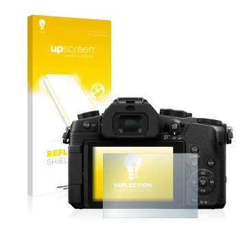 Parte frontale di una confezione del prodotto con il logo del marchio upscreen. Accanto è raffigurato il dispositivo Panasonic