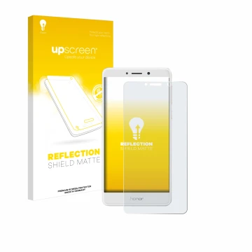 Parte frontale di una confezione del prodotto con il logo del marchio upscreen. Accanto è raffigurato il dispositivo Honor 6X 