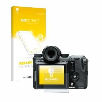 Parte frontale di una confezione del prodotto con il logo del marchio upscreen. Accanto è raffigurato il dispositivo Fujifilm 