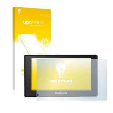 Parte frontale di una confezione del prodotto con il logo del marchio upscreen. Accanto è raffigurato il dispositivo Garmin Dr