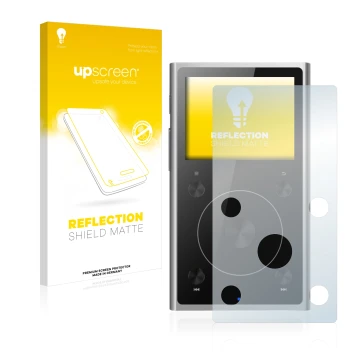 Parte frontale di una confezione del prodotto con il logo del marchio upscreen. Accanto è raffigurato il dispositivo FiiO X1 I