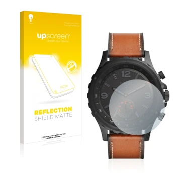 Parte frontale di una confezione del prodotto con il logo del marchio upscreen. Accanto è raffigurato il dispositivo Fossil Q 