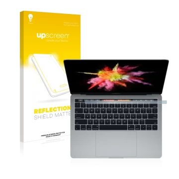 Parte frontale di una confezione del prodotto con il logo del marchio upscreen. Accanto è raffigurato il dispositivo Apple Mac