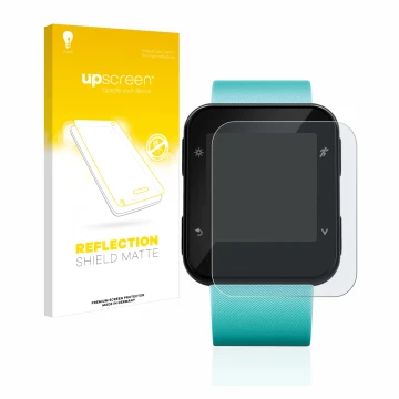 Parte frontale di una confezione del prodotto con il logo del marchio upscreen. Accanto è raffigurato il dispositivo Garmin Fo