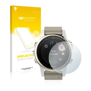 Parte frontale di una confezione del prodotto con il logo del marchio upscreen. Accanto è raffigurato il dispositivo Garmin Fe