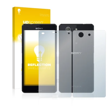 Parte frontale di una confezione del prodotto con il logo del marchio upscreen. Accanto è raffigurato il dispositivo Sony Xper