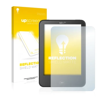 Parte frontale di una confezione del prodotto con il logo del marchio upscreen. Accanto è raffigurato il dispositivo Tolino Vi