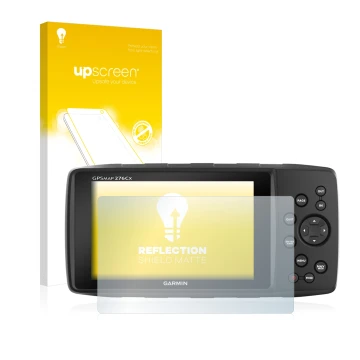 Parte frontale di una confezione del prodotto con il logo del marchio upscreen. Accanto è raffigurato il dispositivo Garmin 27