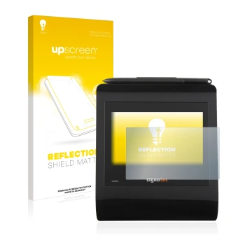 Parte frontale di una confezione del prodotto con il logo del marchio upscreen. Accanto è raffigurato il dispositivo Signotec 