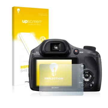 Parte frontale di una confezione del prodotto con il logo del marchio upscreen. Accanto è raffigurato il dispositivo Sony Cybe