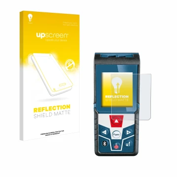 Parte frontale di una confezione del prodotto con il logo del marchio upscreen. Accanto è raffigurato il dispositivo Bosch GLM