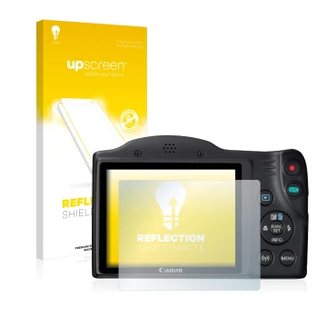 Parte frontale di una confezione del prodotto con il logo del marchio upscreen. Accanto è raffigurato il dispositivo Canon Pow