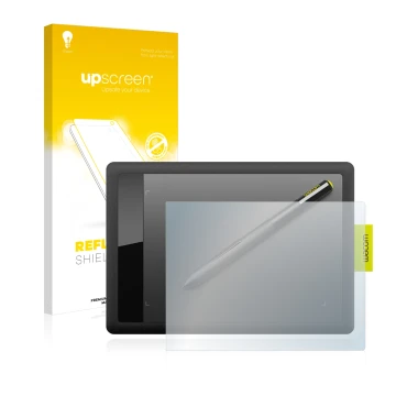 Parte frontale di una confezione del prodotto con il logo del marchio upscreen. Accanto è raffigurato il dispositivo Wacom One