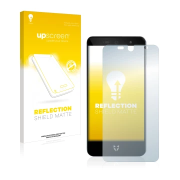 Parte frontale di una confezione del prodotto con il logo del marchio upscreen. Accanto è raffigurato il dispositivo Wileyfox 